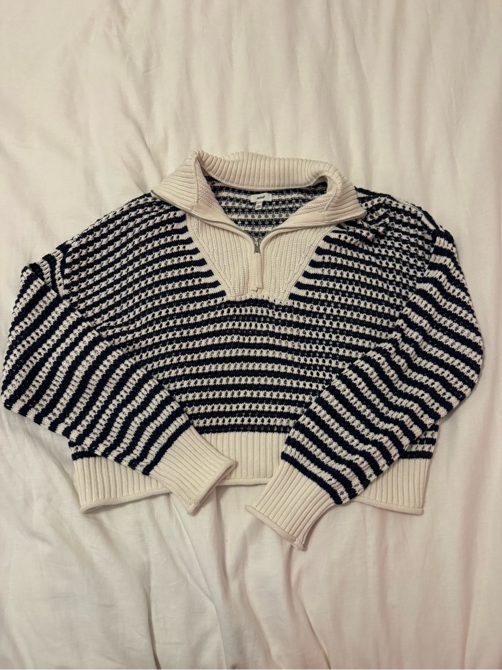 aerie Cream and Black Striped Half-Zip Turtleneck Sweater